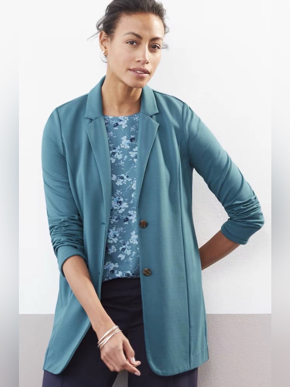 NWT $139 J.Jill Double Face Jersey Blazer Quail Blue Large Ponte Knit